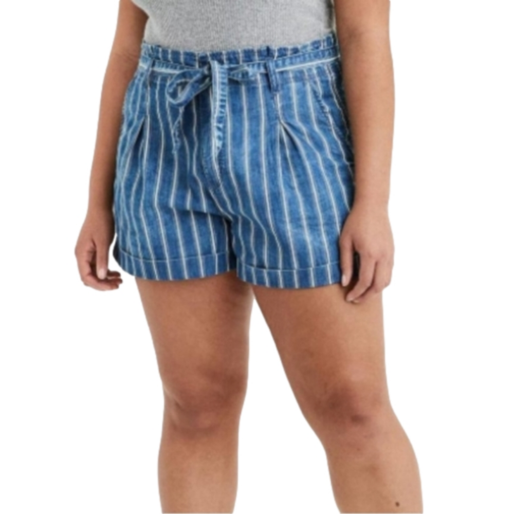 AMERICAN EAGLE - EUC - Paperbag Top - Tie Belt - Denim Striped Shorts - Size 8